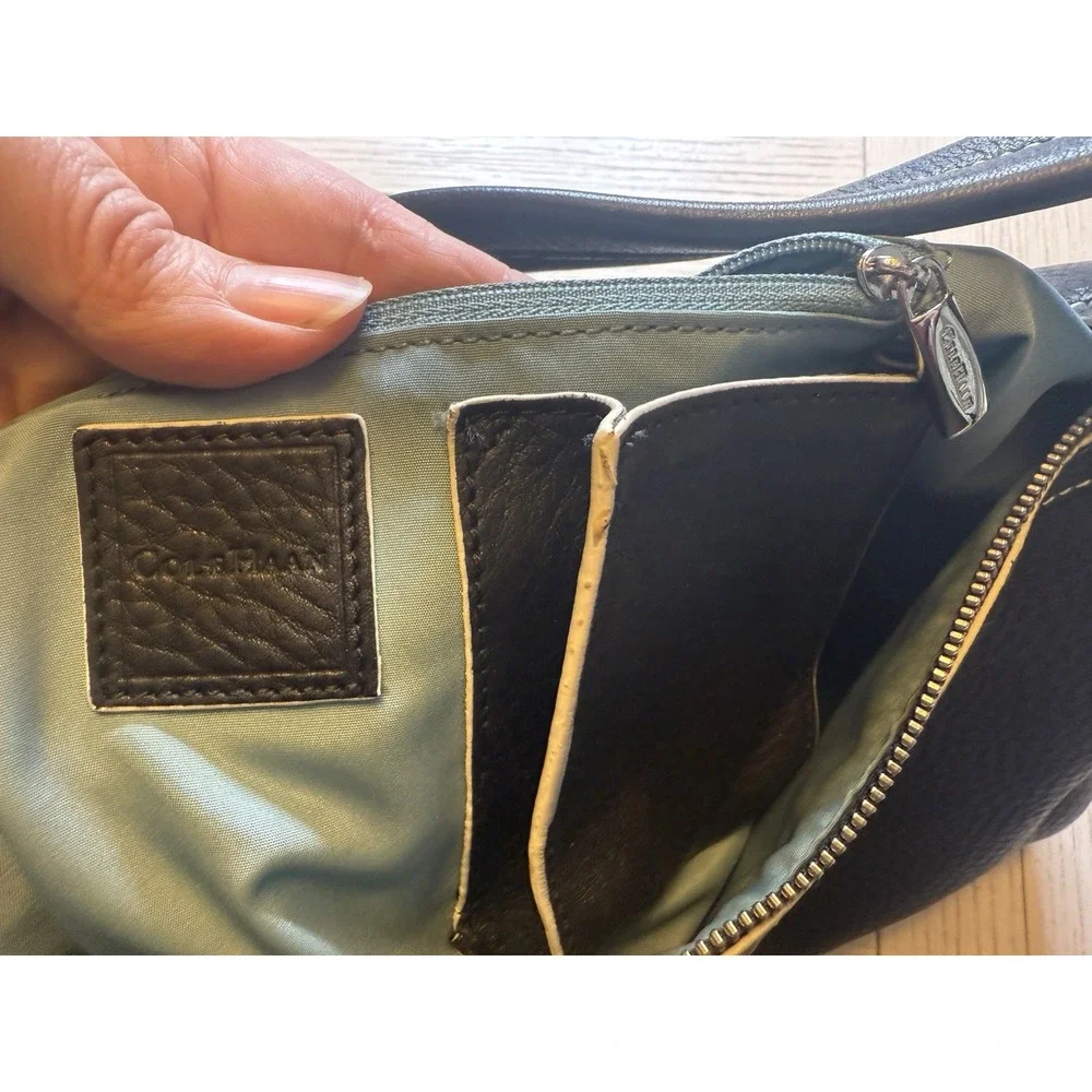 Cole Haan Black Pebble Leather Shoulder Bag‎ W/ Contrast Stitching, Zip Close.